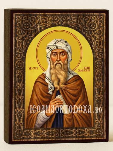 Icoană cu Sfântul Ioan Damaschin cu arc floral cu textură de lemn