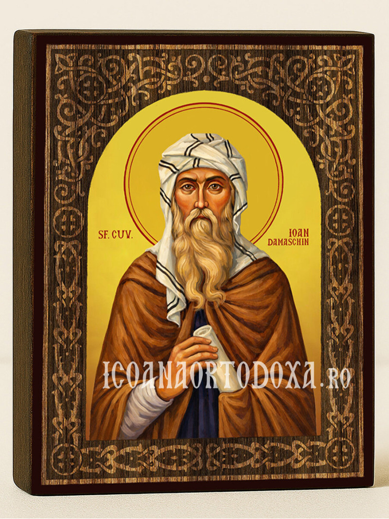 Icoană cu Sfântul Ioan Damaschin cu arc floral cu textură de lemn