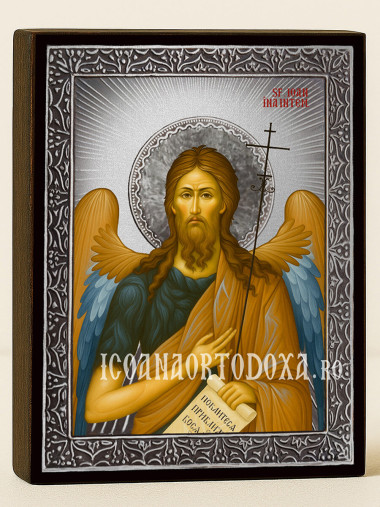 Icoană cu Sfântul Ioan Înaintemergătorul cu raze argintii decorative