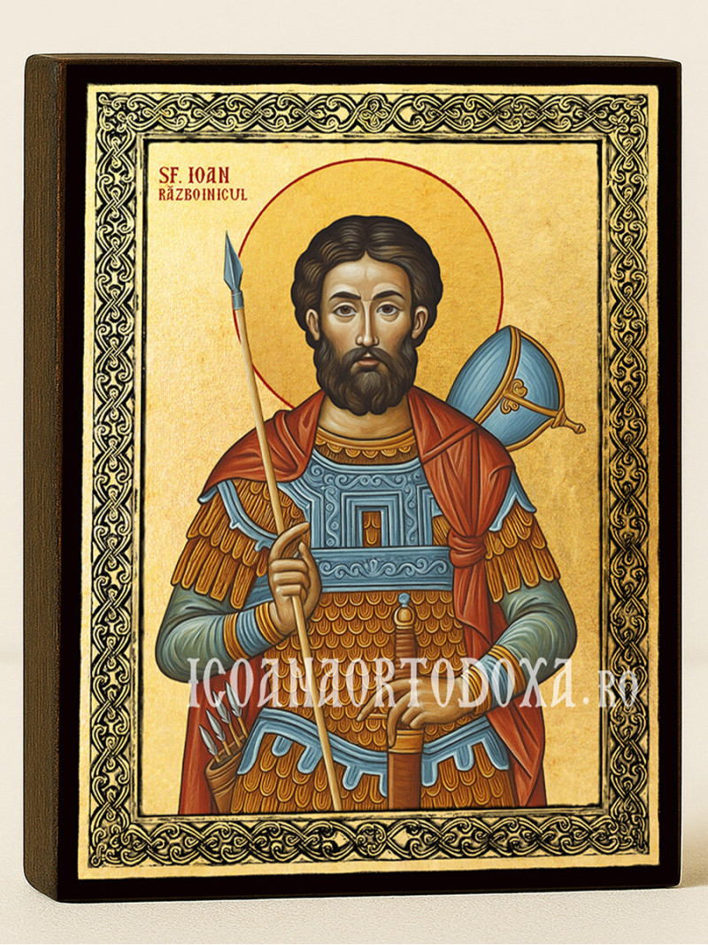 Icoană aurită cu Sfântul Ioan Războinicul și ramă decorativă