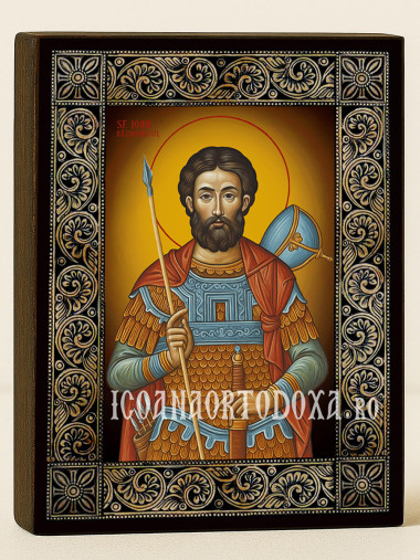 Icoană cu Sfântul Ioan Războinicul cu ramă florală decorativă