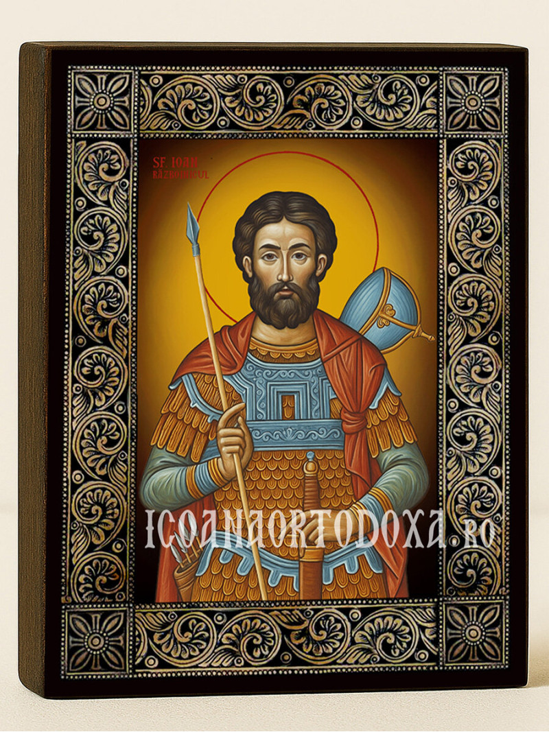 Icoană cu Sfântul Ioan Războinicul cu ramă florală decorativă