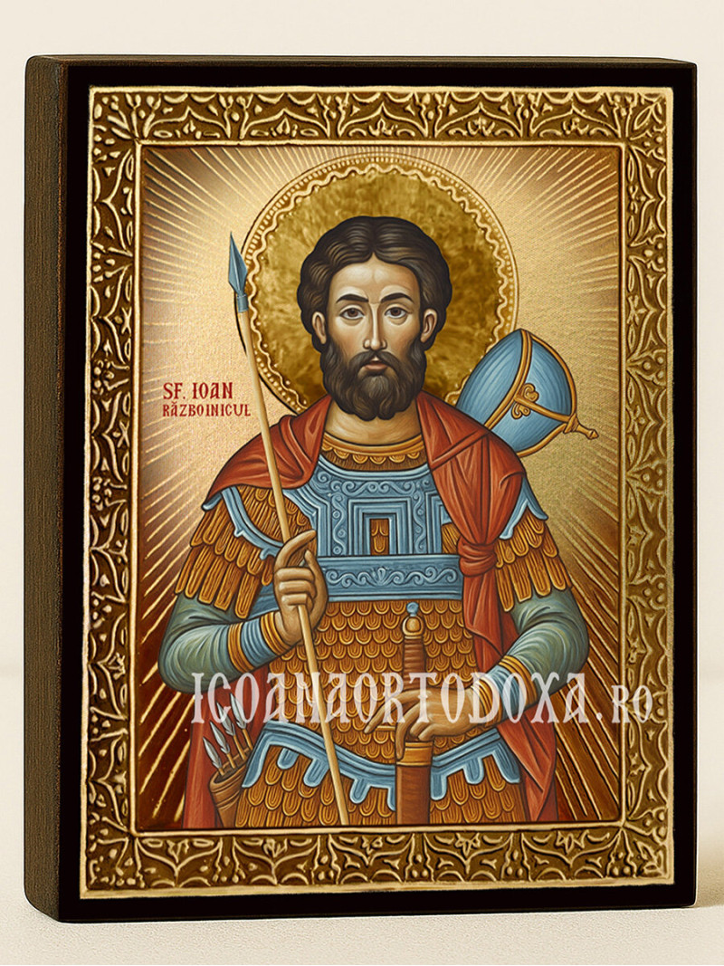Icoană cu Sfântul Ioan Războinicul cu raze aurii decorative