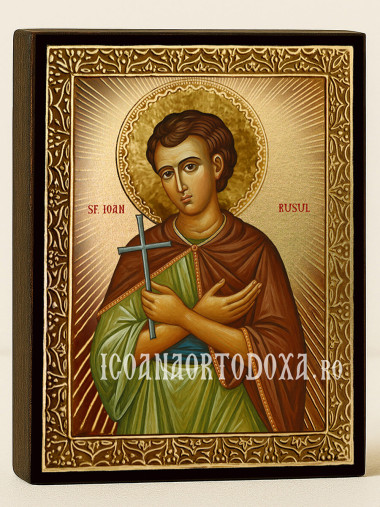 Icoană cu Sfântul Ioan Rusul cu raze aurii decorative