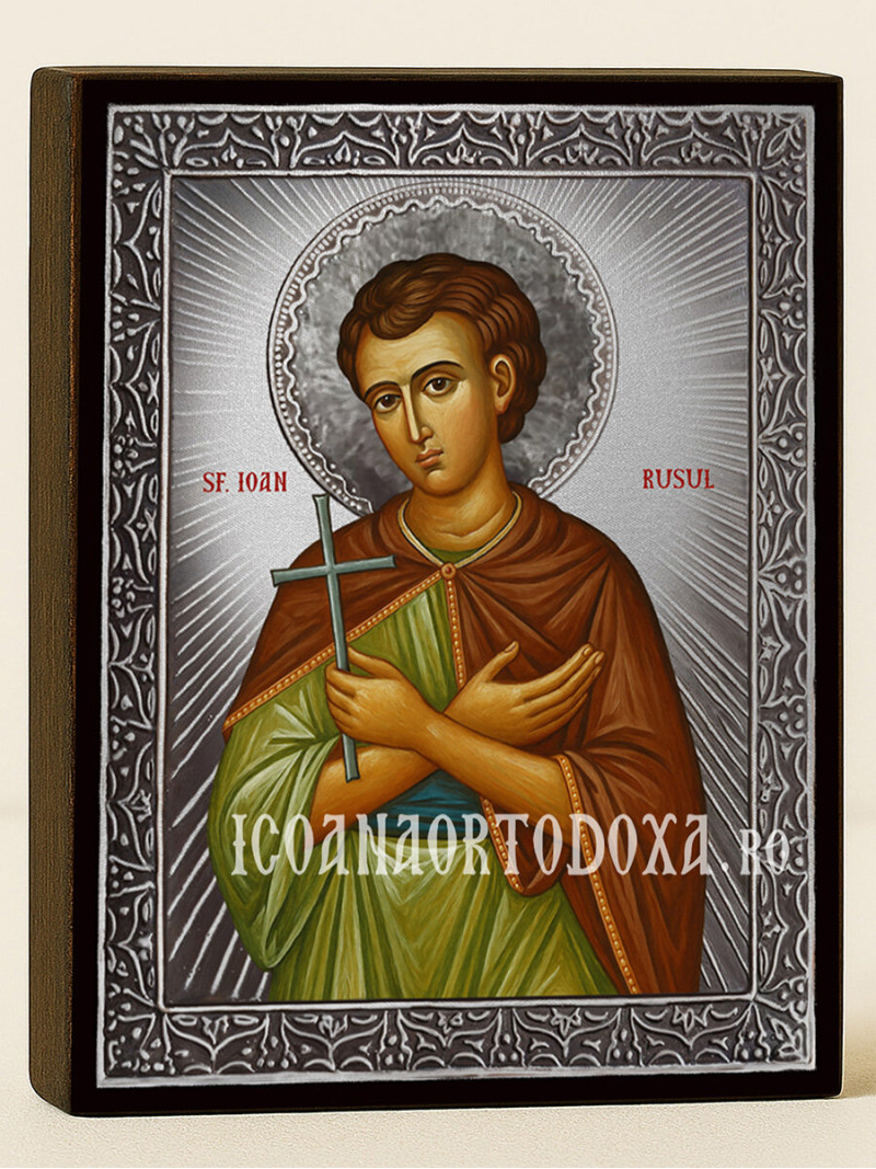 Icoană cu Sfântul Ioan Rusul cu raze argintii decorative