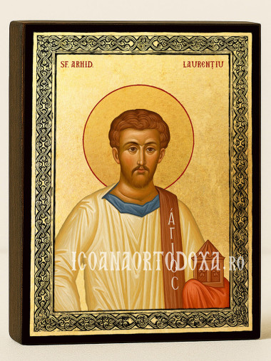 Icoană aurită cu Sfântul Laurențiu și ramă decorativă