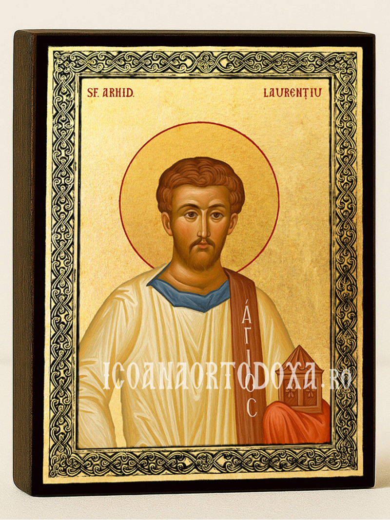 Icoană aurită cu Sfântul Laurențiu și ramă decorativă