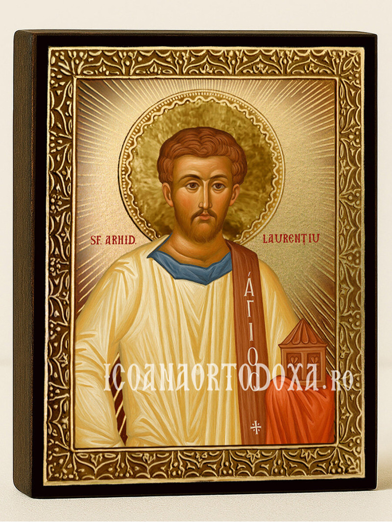 Icoană cu Sfântul Laurențiu cu raze aurii decorative