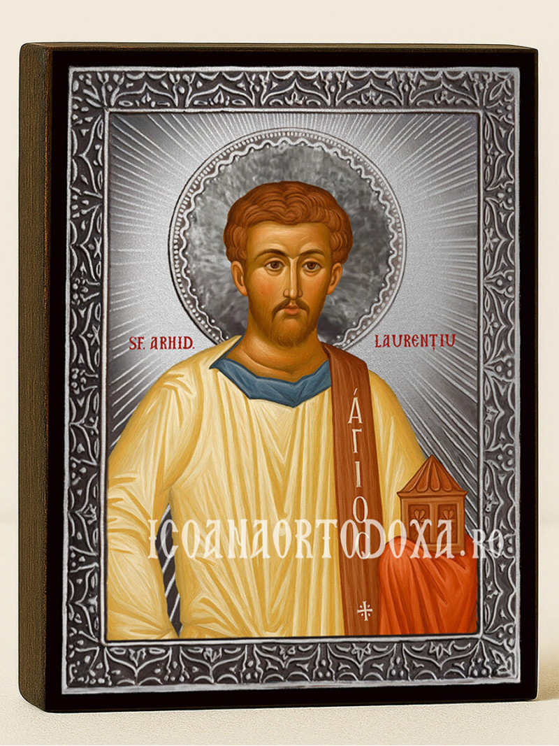 Icoană cu Sfântul Laurențiu cu raze argintii decorative