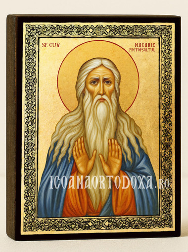 Icoană aurită cu Sfântul Macarie și ramă decorativă
