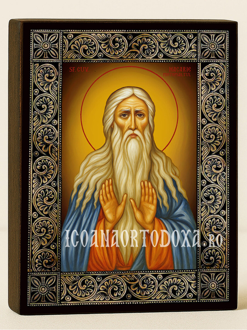 Icoană cu Sfântul Macarie cu ramă florală decorativă