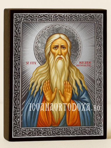 Icoană cu Sfântul Macarie cu raze argintii decorative