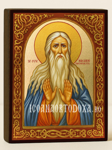 Icoană cu Sfântul Macarie cu arc floral pe fundal auriu