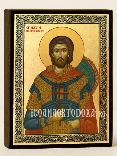 Icoană aurită cu Sfântul Maxim și ramă decorativă