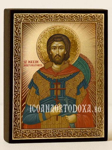 Icoană cu Sfântul Maxim cu raze aurii decorative