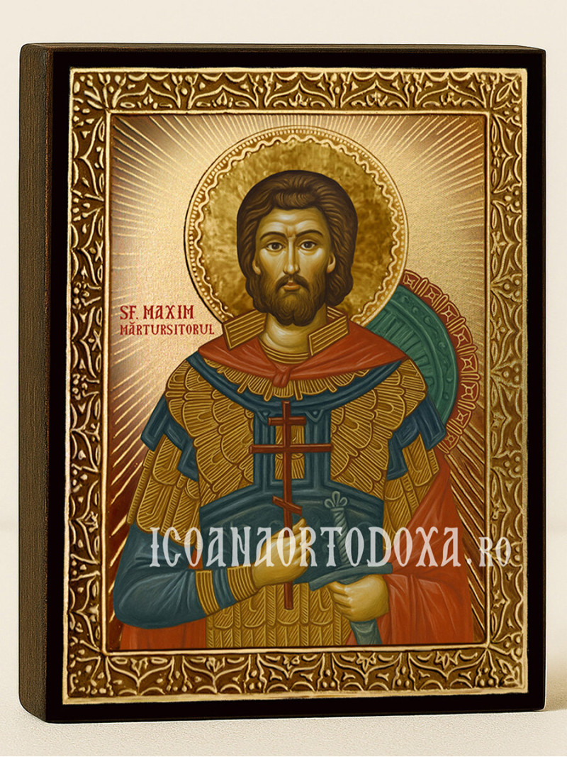 Icoană cu Sfântul Maxim cu raze aurii decorative