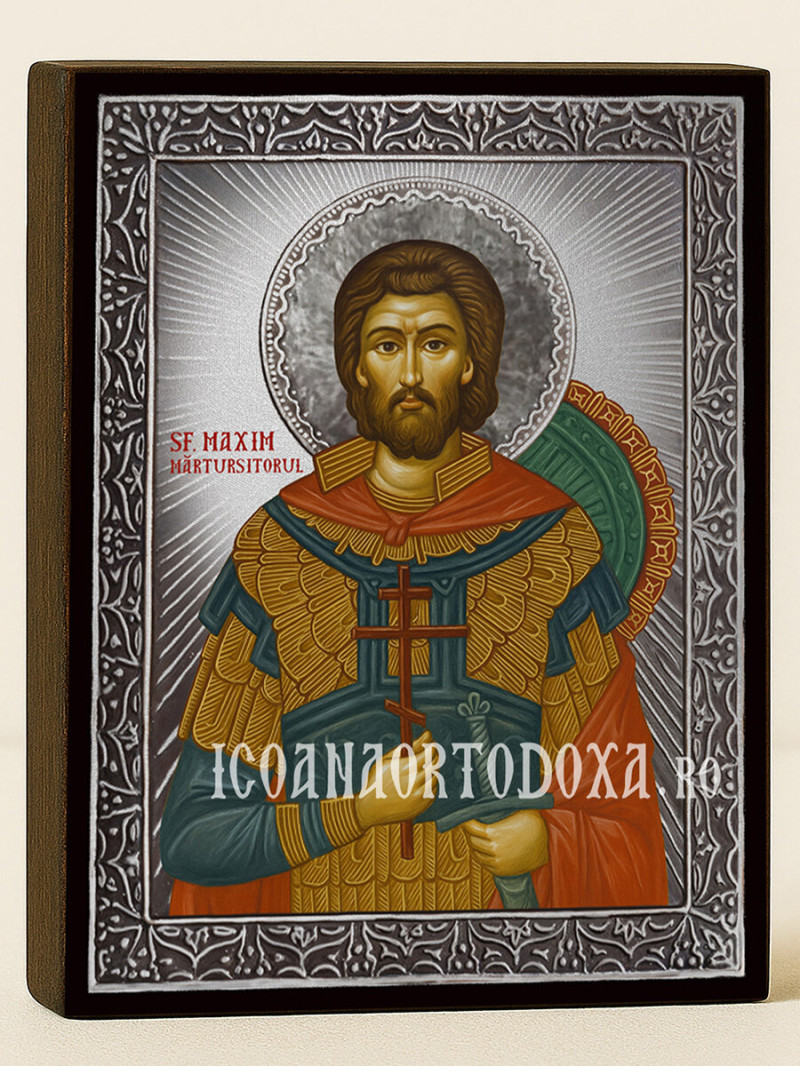 Icoană cu Sfântul Maxim cu raze argintii decorative
