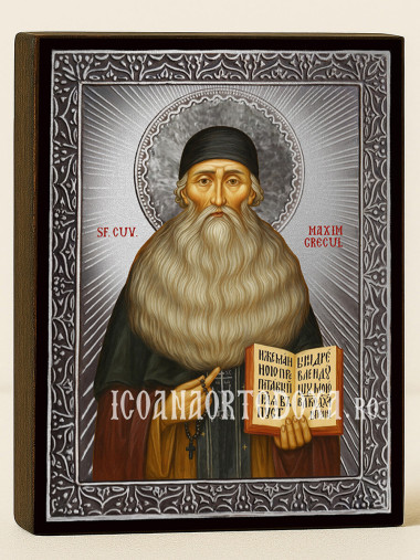 Icoană cu Sfântul Maxim Grecul cu raze argintii decorative