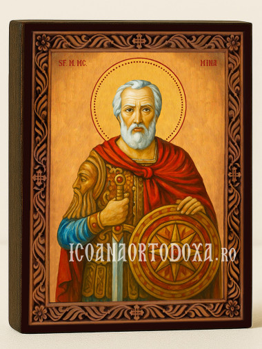 Icoană cu Sfântul Mina cu ramă decorativă sculpturală