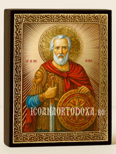 Icoană cu Sfântul Mina cu raze aurii decorative