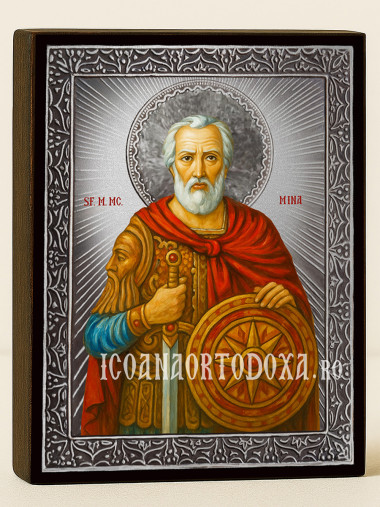 Icoană cu Sfântul Mina cu raze argintii decorative
