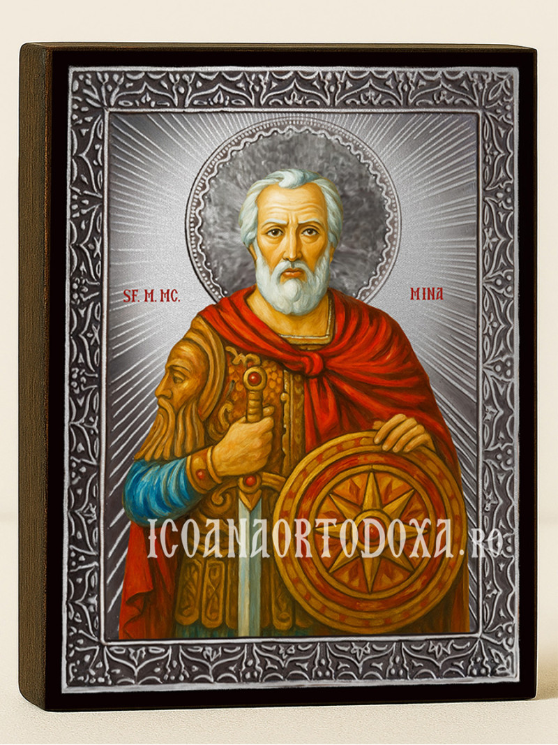 Icoană cu Sfântul Mina cu raze argintii decorative