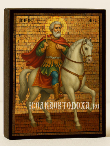 Icoană cu Sfântul Mina călare cu mozaic auriu