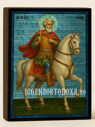 Icoană cu Sfântul Mina călare cu mozaic albastru argintiu