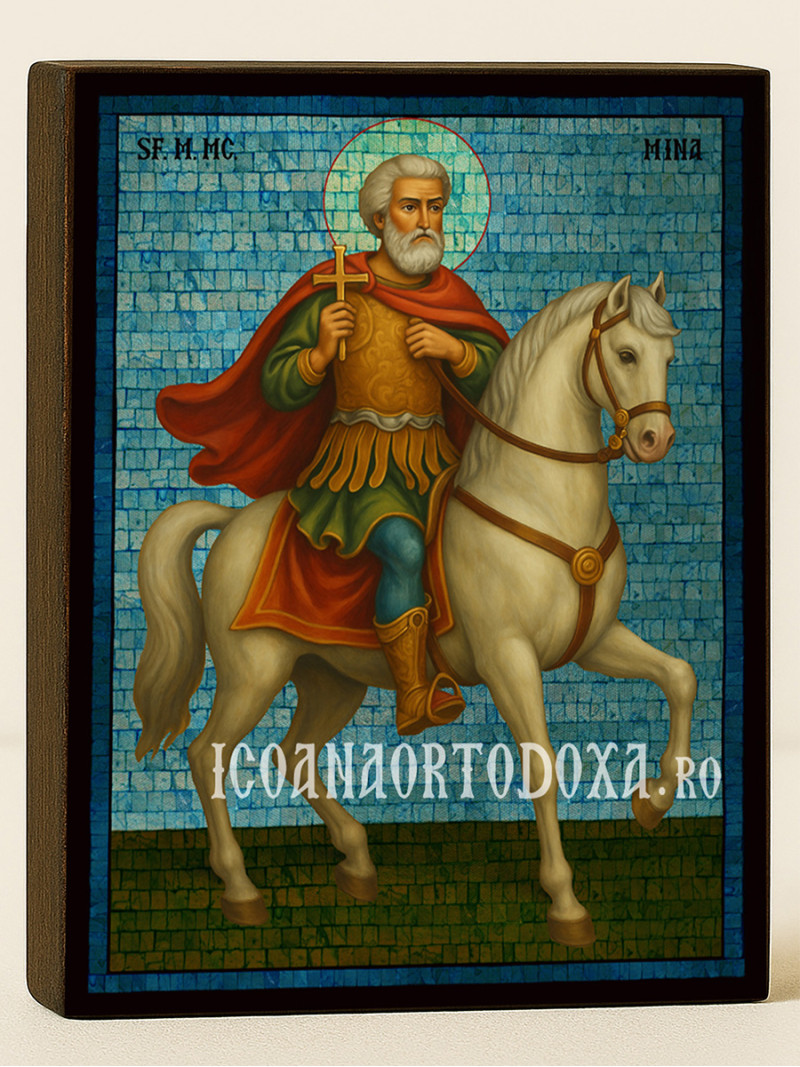 Icoană cu Sfântul Mina călare cu mozaic albastru argintiu