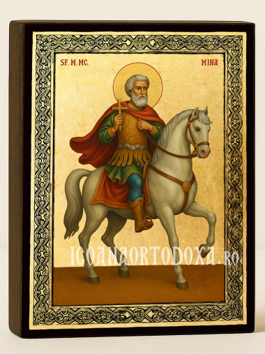 Icoană aurită cu Sfântul Mina călare și ramă decorativă