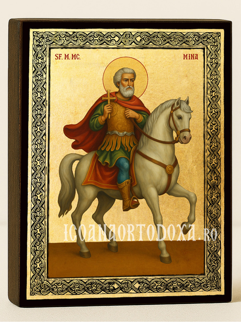 Icoană aurită cu Sfântul Mina călare și ramă decorativă
