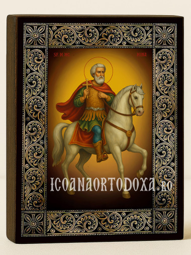 Icoană cu Sfântul Mina călare cu ramă florală decorativă