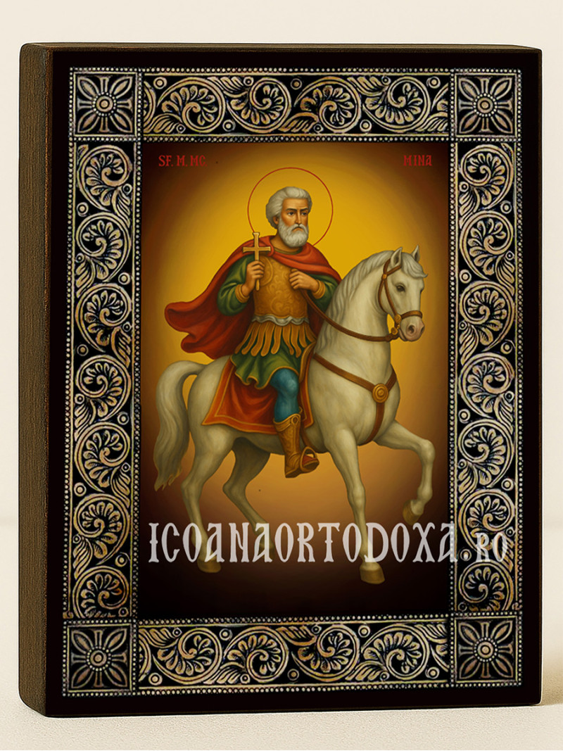 Icoană cu Sfântul Mina călare cu ramă florală decorativă