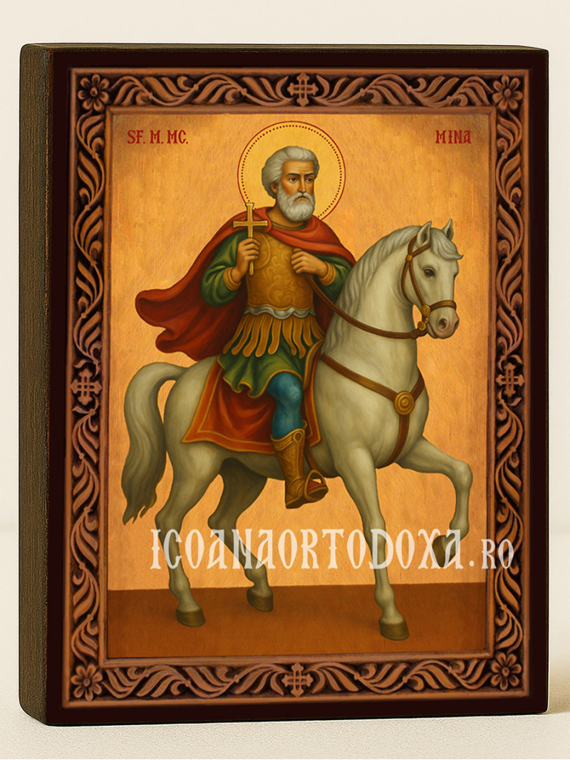 Icoană cu Sfântul Mina călare cu ramă decorativă tip sculptură