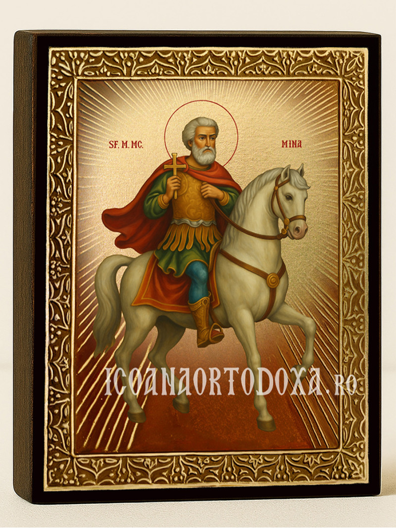 Icoană cu Sfântul Mina călare cu raze aurii decorative