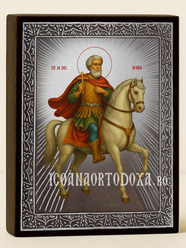 Icoană cu Sfântul Mina călare cu raze argintii decorative