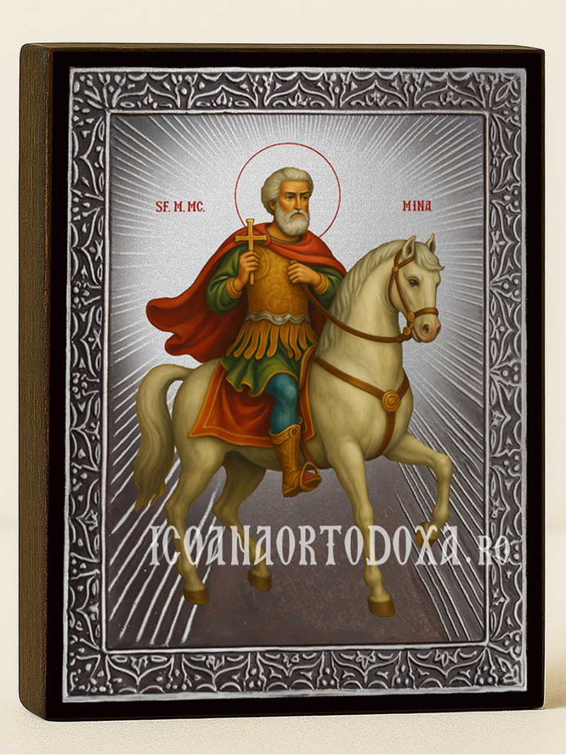 Icoană cu Sfântul Mina călare cu raze argintii decorative
