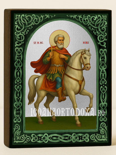 Icoană cu Sfântul Mina călare cu arcadă florală verde