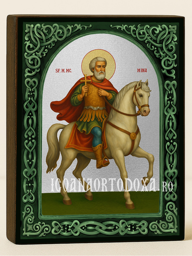 Icoană cu Sfântul Mina călare cu arcadă florală verde