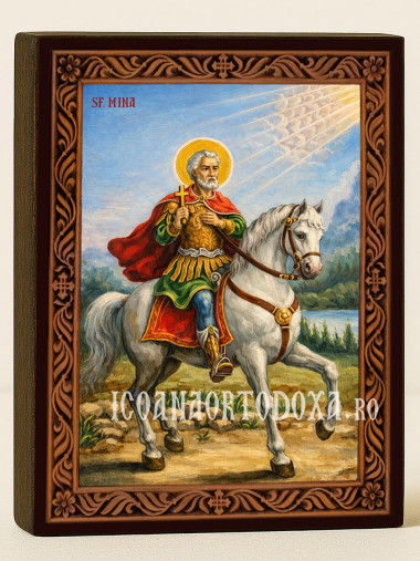 Icoană a Sfântului Mina călare – cu ramă decorativă