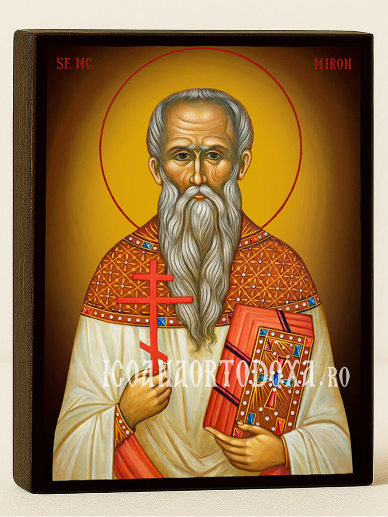 Icoană cu Sfântul Miron cu fundal galben luminos