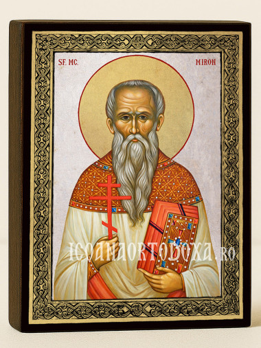 Icoană cu Sfântul Miron cu fundal argintiu și ramă aurită