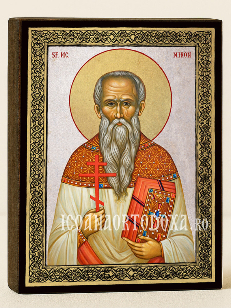 Icoană cu Sfântul Miron cu fundal argintiu și ramă aurită