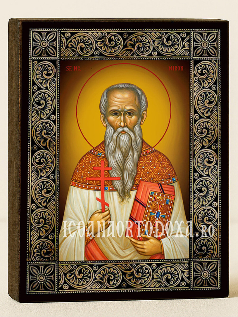 Icoană cu Sfântul Miron cu ramă florală decorativă