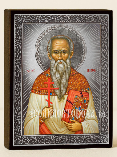 Icoană cu Sfântul Miron cu raze argintii decorative