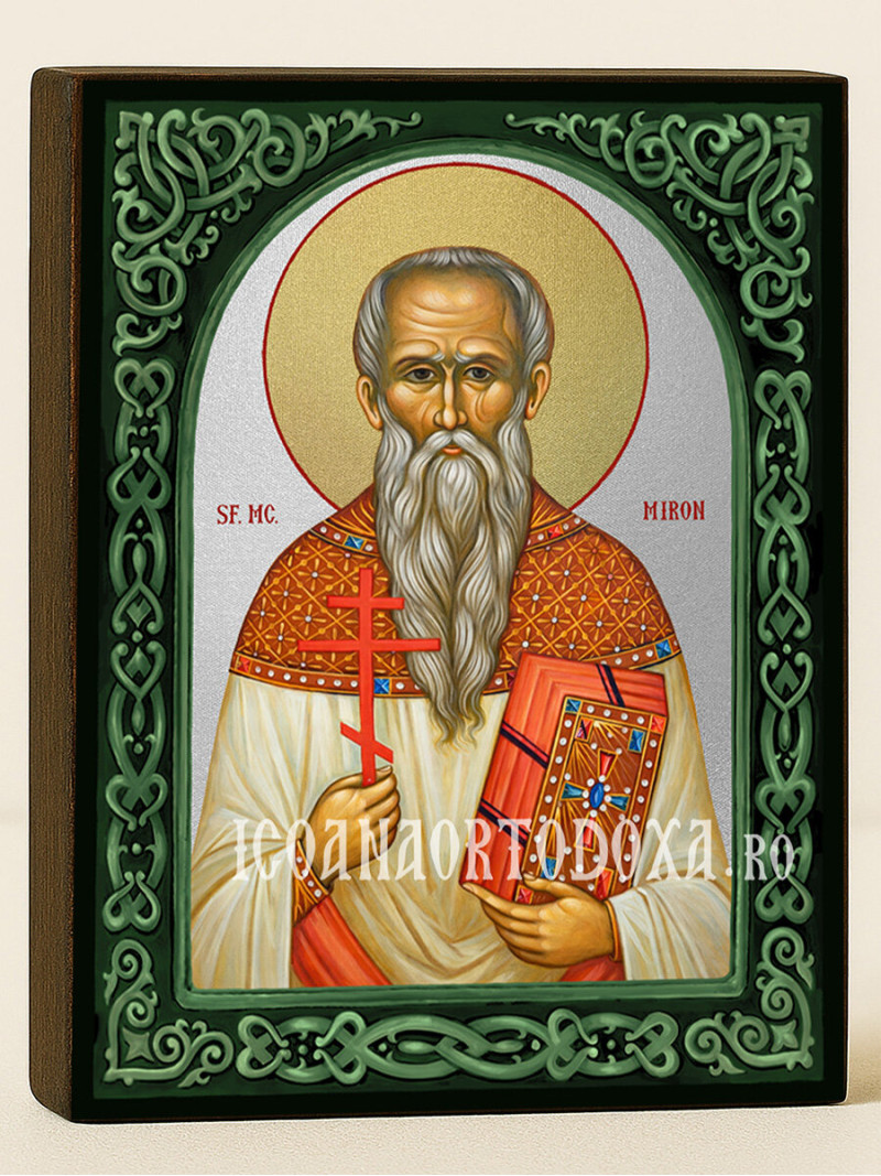 Icoană cu Sfântul Miron cu arc floral verde și fundal argintiu