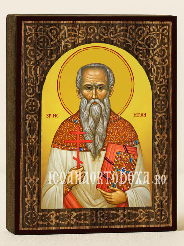 Icoană cu Sfântul Miron cu arc floral cu textură de lemn