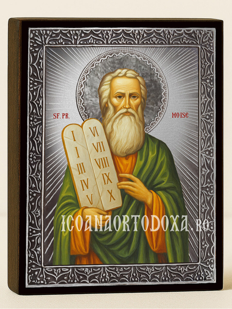Icoană din argint cu Sfântul Moise și raze decorative