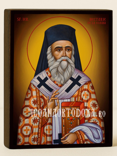 Icoană cu Sfântul Nectarie Egineanul cu fundal galben luminos