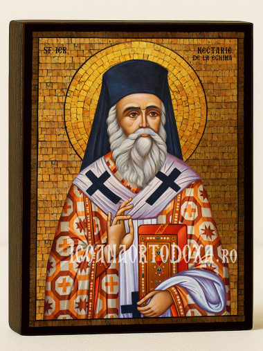 Icoană aurită cu Sfântul Nectarie Egineanul și mozaic decorativ